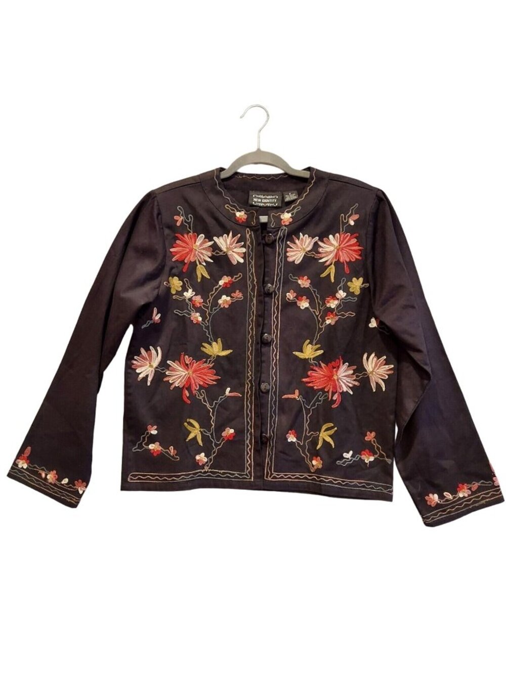 New Identity Jacket Womens M Black Floral Embroidery Artsy Art T Wear Boho retro